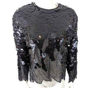 Vintage 90s Silk Sequin Beaded Evening Blouse Top Womens Small Paillettes Black
